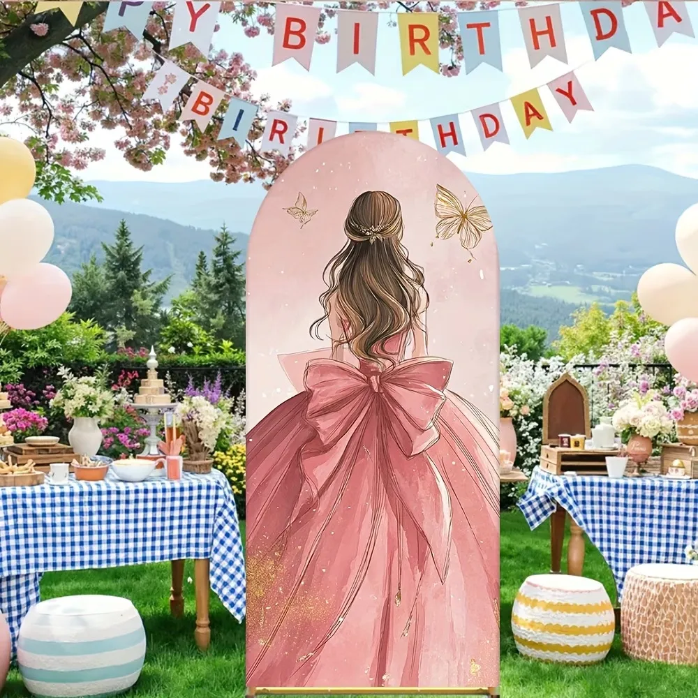 Pink Princess Dress Girl Birthday Party Arch Backdrop Cover Aesthetic Butterfly Illustration Archway Decoration Elastic Polyester Backdrop