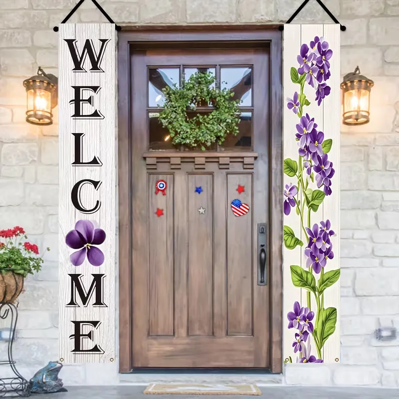 Welcome Veranda Banner Lila Blumen Drucken Hängen Deko Schild Vertikale Tür Spruchband Für Zuhause Frühling Party Dekoration