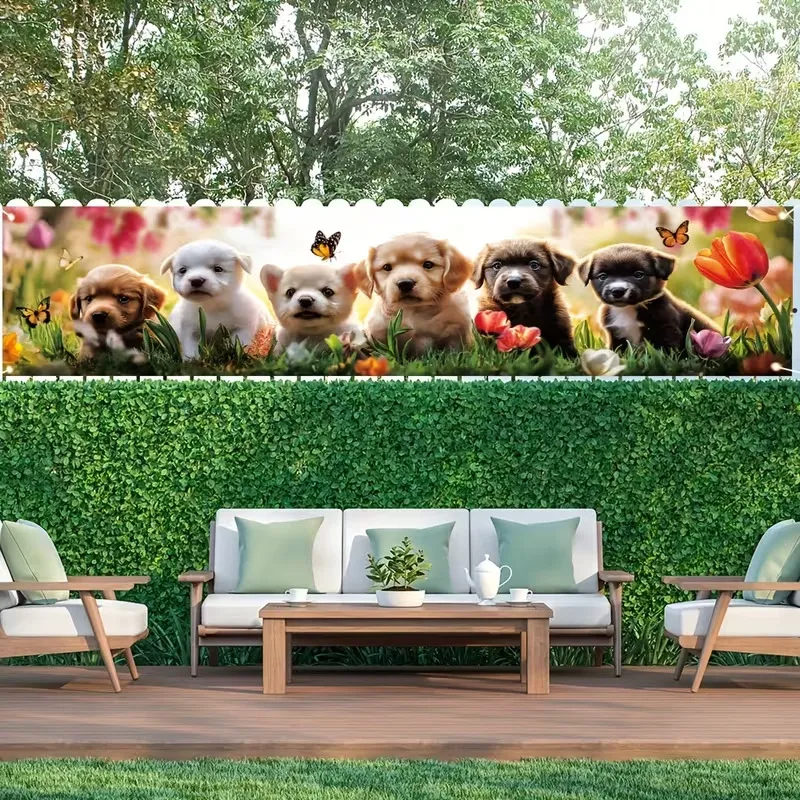 Puppy Dog Garden Banner Spring Theme Floral Butterfly Outdoor Decorative Banner For Backyard Fence Wall Party Banner Decorations