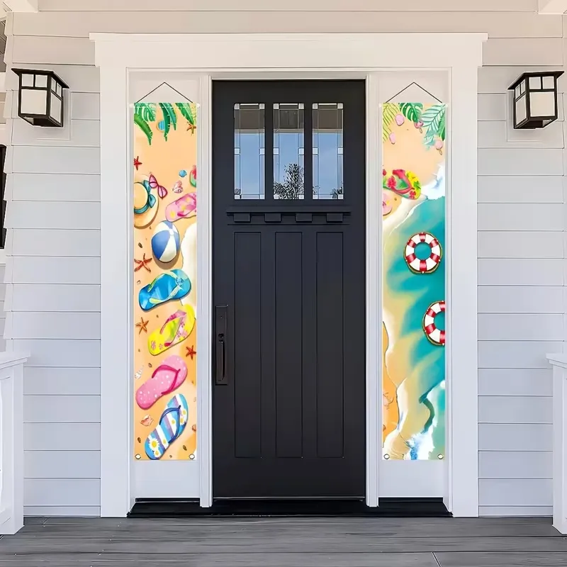 Summer Beach Theme Door Banner Set Tropical Flip Flops Lifebuoy Pattern Polyester Hanging Couplet For Yard Porch Party Decor