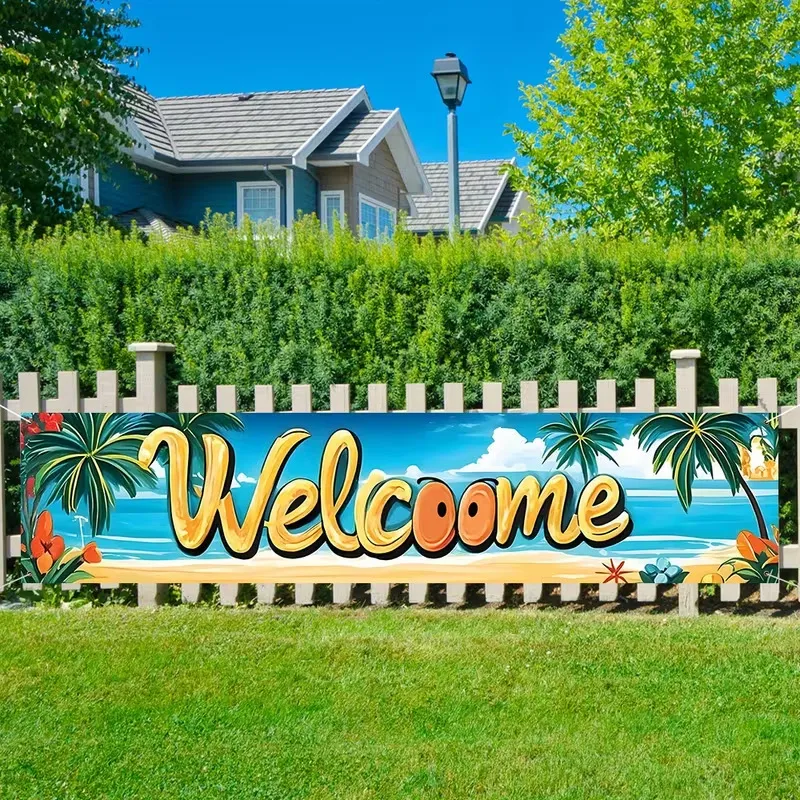 Tropical Beach Welcome Banner Palm Tree Summer Party Decoration Outdoor Yard Garden Backdrop Polyester Printed Welcome Sign
