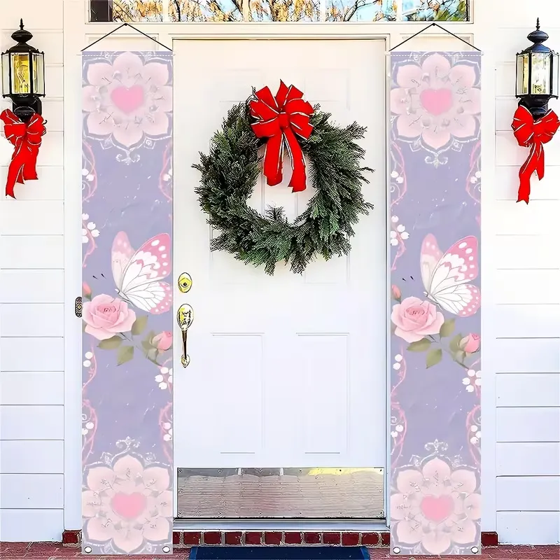 Copla de Puerta con Mariposa Floral Rosa Púrpura Pancarta Romántica de Rosa Corazón para Decoración de Hogar Porche Boda Fiesta