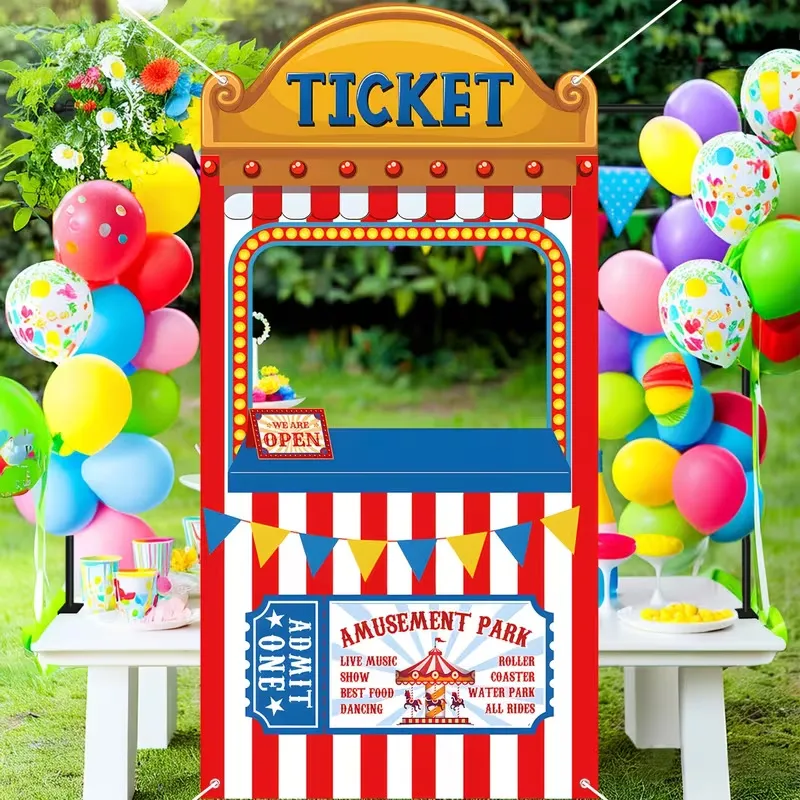 Circus Carnival Ticket Booth Backdrop Cutout Photo Booth Prop Red White Stripes Polyester Party Banner Amusement Park Decoration