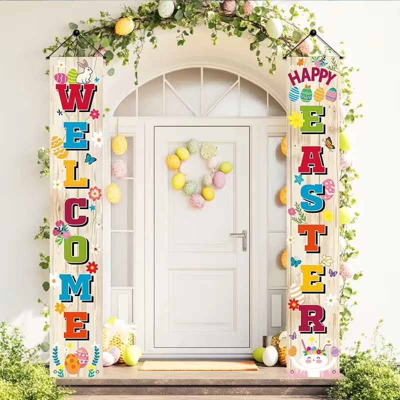 Easter Porch Banners Welcome Happy Easter Rustic Wood Grain Design Bunny Eggs Festive Decorative Polyester Fabric Couplet