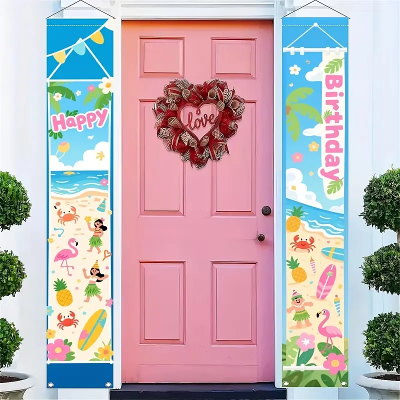Pancarta de Puerta de Cumpleaños de Playa Hawaiana Paño Colgante de Poliéster Decoraciones de Fiesta Tropical de Verano Letrero de Porche