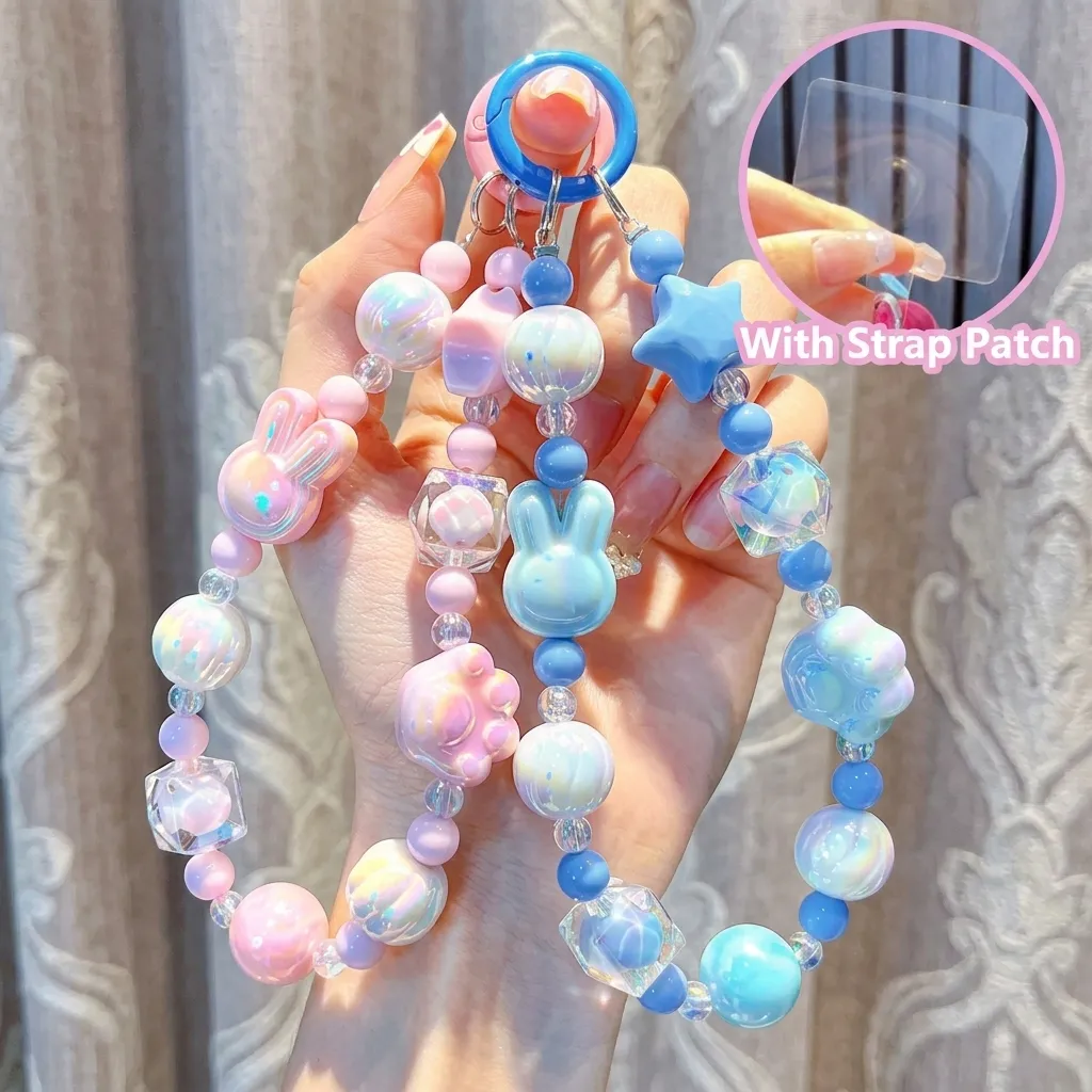 Handmade Bunny Beaded Phone Charm Acrylic Plated Rabbit Star Cat Paw Keychain Strap For Women Girls Accessory Case Decor