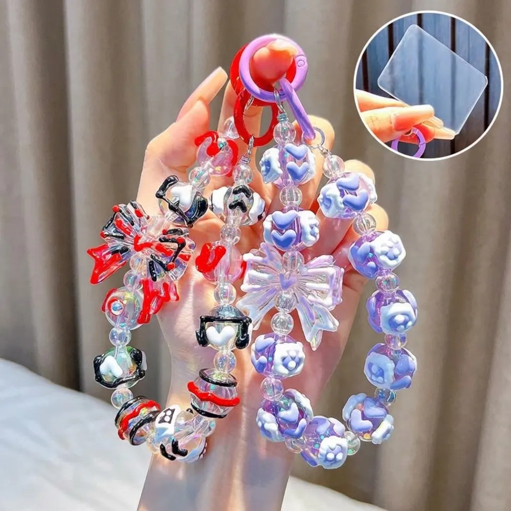 Handgemachte Perlen Schleife Schlüsselanhänger Acryl Kristall Herz Telefon Charme Tasche Anhänger Holografische Perlen Schlüssel Kette Schmuck Für Damen Mädchen