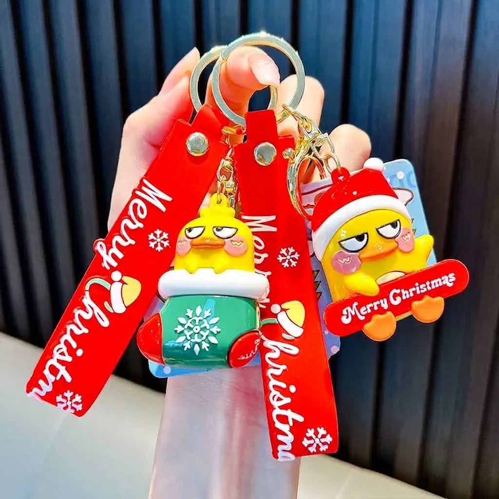 Cartoon Christmas Little Yellow Duck Keychain PVC Soft Rubber Bag Pendant Merry Christmas Strap Holiday Gift Accessary