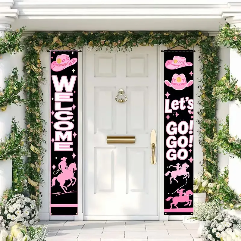 Set di Banner di Benvenuto Rosa Western Cowboy per Festa di Compleanno Cappello da Cowboy Silhouette Equitazione Decorazioni