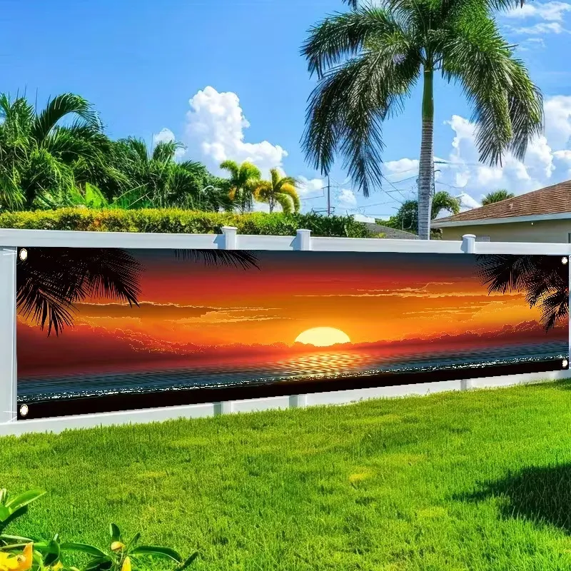 Tropisches Kokosnuss Sonnenuntergang Strand Banner Küstenlandschaft Hof Zaun Dekoration Outdoor Sommer Motto Party Hintergrund