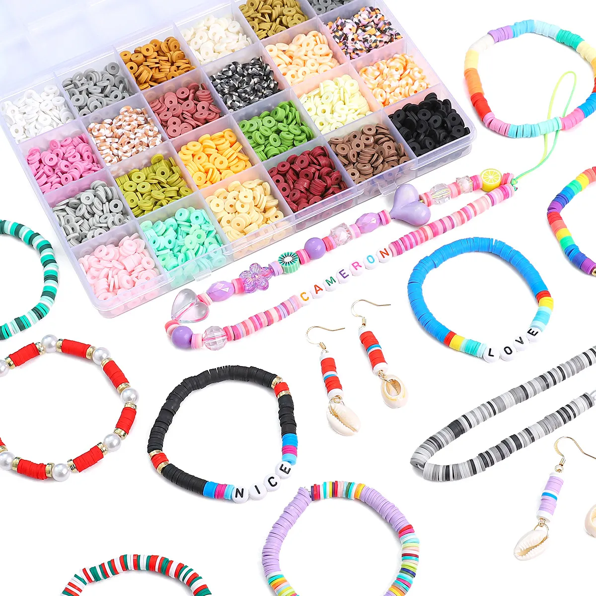 24 Raster Polymer-Ton Perlen DIY Schmuckherstellung Kit Heishi Perlen Flache Runde Tonperlen Mit Buchstabenperlen Muscheln Für Armbänder Halsketten