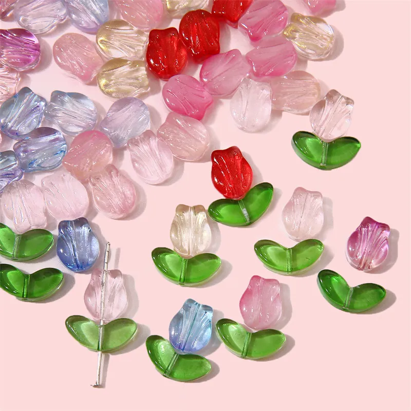 Pastoral Glass Colored Glaze Tulip Flower Petal Leaf Beads For DIY Bracelet Earring Handmade Jewelry Craft Components Wholesale