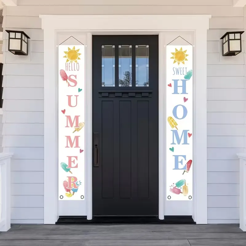 Summer Ice Theme Porch Sign Hello Summer Sweet Home Outdoor Banner Ice Lolly Print Home Porch Decoration Hanging Flag Set