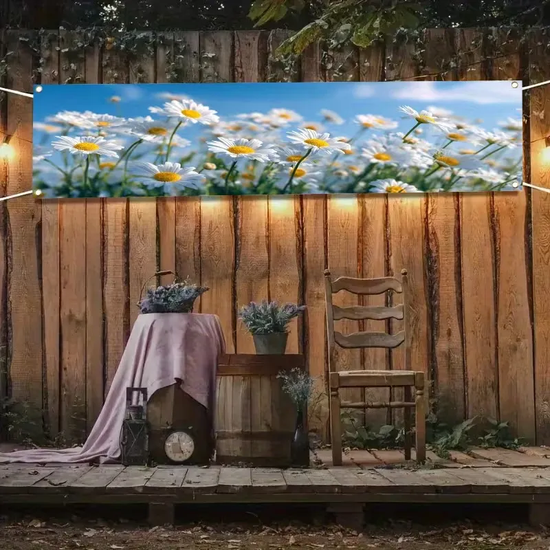 Gänseblümchen Druck Outdoor Garten Party Banner Frühling Thema Pongee Polyester Hintergrund Banner Mit Ösen Für Zaun Dekor