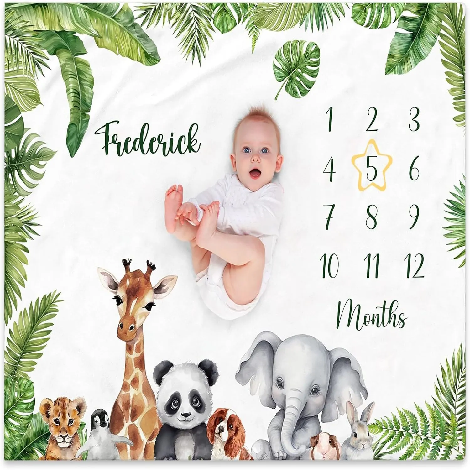 Tropical Jungle Animal Baby Monthly Milestone Blanket Newborn Photography Prop White Peach Skin Personalized Photo Backdrop