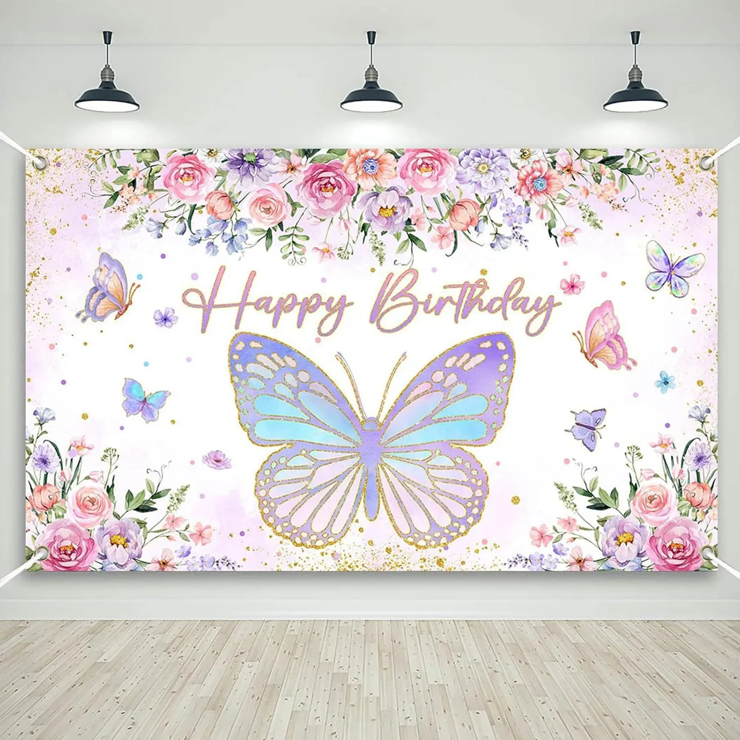 Toile de Fond Photographie Anniversaire Papillon Floral Romantique Pongee Décoration de Fête Fond Mural Bannière Accessoires