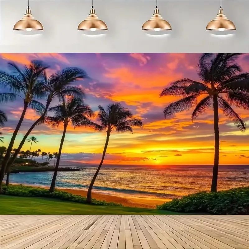 Fondo de Fotografía Paisaje Natural Puesta de Sol Playa Mar Tropical Palmera Tapiz de Pared Decoración de Fiesta de Cumpleaños