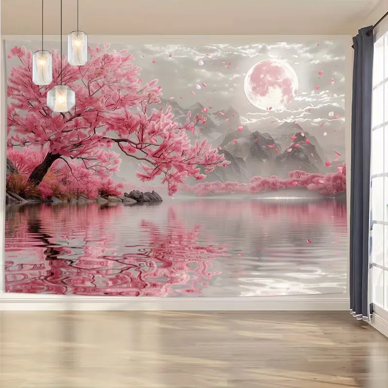 Romantische Tuschmalerei Kirschblüte Berg Mond Wandteppich Rosa Kirschblüte Fotografie Hintergrund Tuch Polyester Wandbehang Dekor