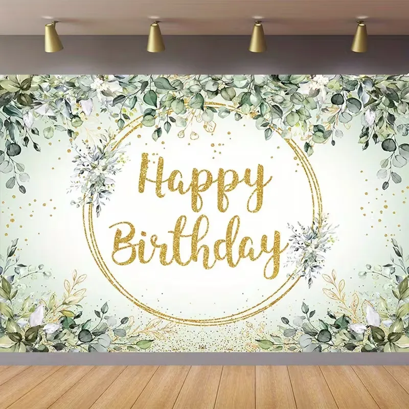 Eucalyptus Leaves Happy Birthday Photography Backdrop Gold Frame Floral Party Decoration Polyester Wall Hanging Banner For Studio Office School Supplies