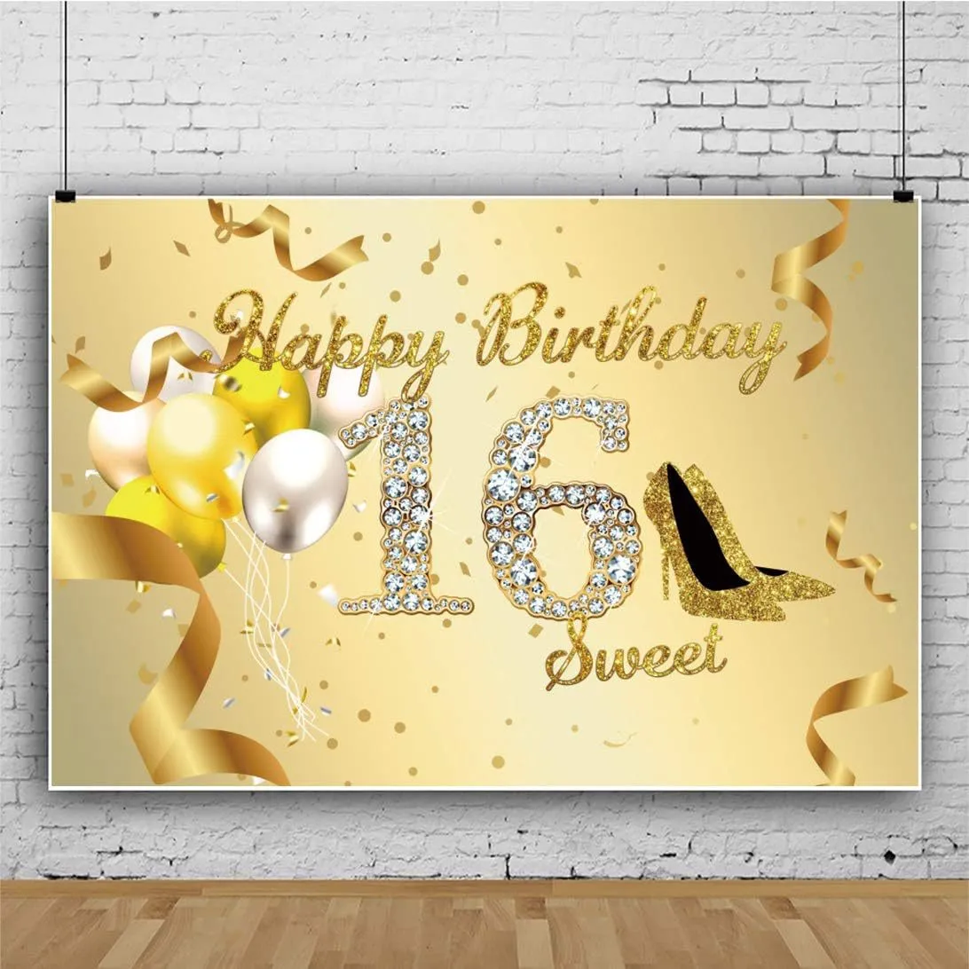 Toile de Fond Joyeux 16ème Anniversaire Sweet 16 Or Brillant Paillettes Ballons Talons Hauts Fond de Photographie pour Décoration de Fête d'Anniversaire 16 Ans Bannière en Poliester