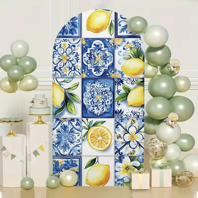 Arched Backdrop Cover Mediterranean Vintage Blue Tile Pattern Lemon Print Polyester Fabric Backdrop For Wedding Event Party Decoration
