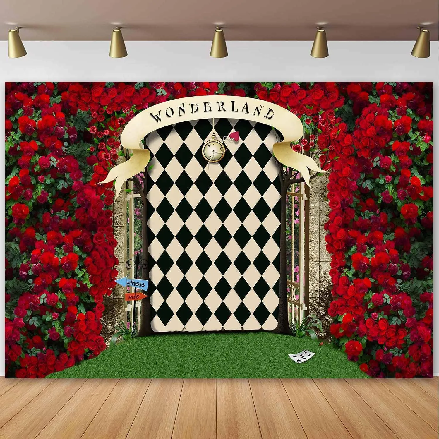 Wunderland Märchen Wald Fotohintergrund Rote Rosen Wand Karomuster Bogen Magischer Wald Banner Für Geburtstagsfeier Dekoration