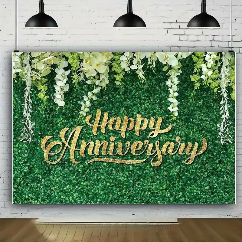 Πανό Φόντου Happy Anniversary Με Πράσινα Φύλλα Και Λουλούδια Πολυεστερικό Υπόβαθρο Φωτογραφίας Για Διακόσμηση Πάρτι Γάμου