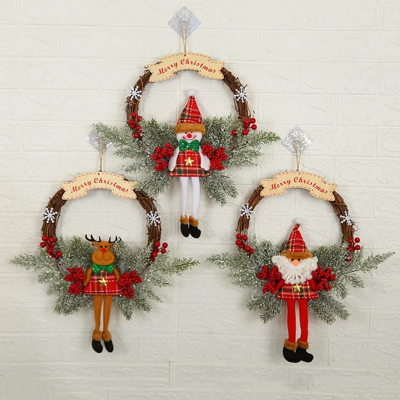 Guirnalda de Mimbre de Navidad Hecha a Mano Decoración Colgante Con Muñeco de Peluche Papá Noel Muñeco de Nieve Alce Cartel Merry Christmas Para Puerta Pared Decoración del Hogar