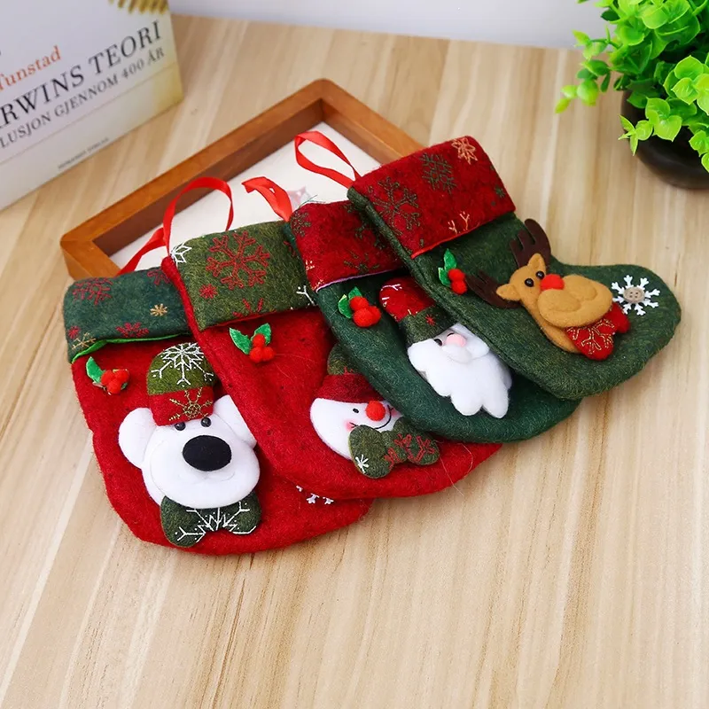 Mini Christmas Stocking Gift Bag Felt Hanging Ornament Snowflake Santa Elk Bear Snowman Candy Bag For Christmas Tree Decoration