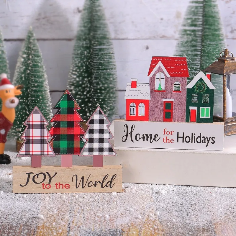 Weihnachten Holz Baum Haus Tischdeko Ornamente Karo Muster Winter Mikro Landschaft Szene Layout Festliche Party Zuhause Deko