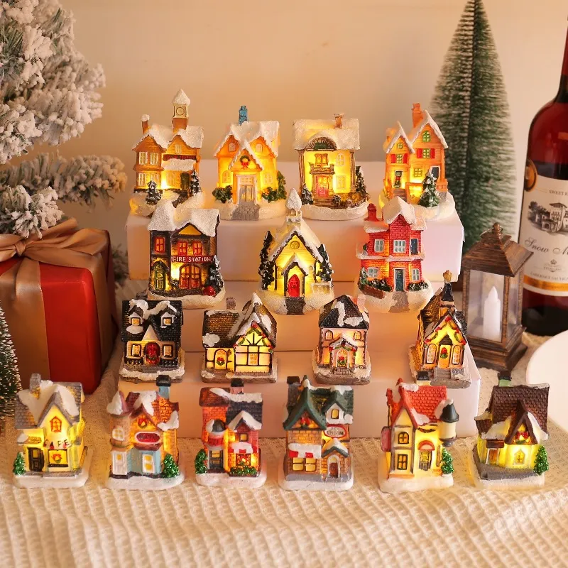 Christmas Village House Resin Luminous LED Light Decorative Snow House Miniature Christmas Town Buildings Home Table Decor Gift