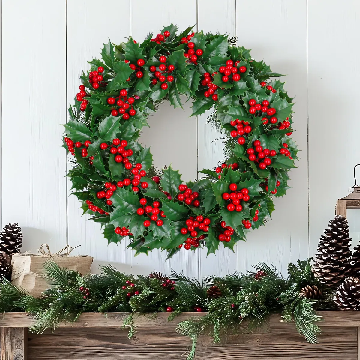Christmas Artificial Red Berry Green Holly Leaf Wreath For Front Door Wall Hanging Festive Window Decoration Home Ornament