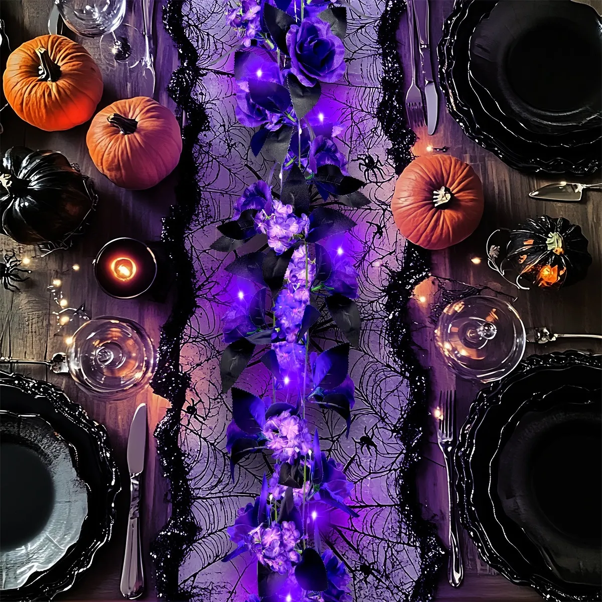 Halloween Paarse Kunstmatige Rozenrank LED Verlichte Slinger Gothic Feestdecoratie Binnen Hangplant Bloemornament