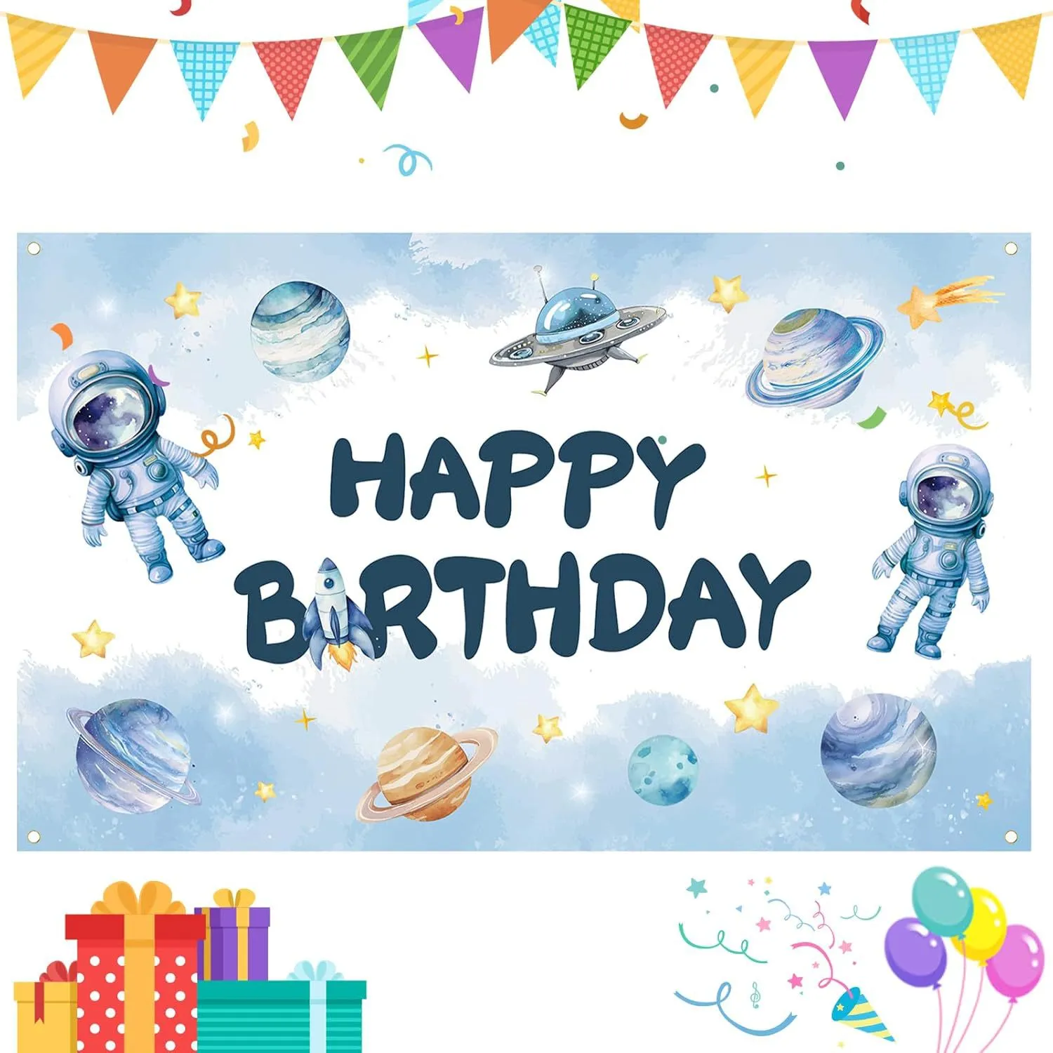 Cartoon Space Astronaut Theme Birthday Party Photography Background Cloth Polyester Fabric Space Galaxy Stars Rocket Wall Decor Backdrop