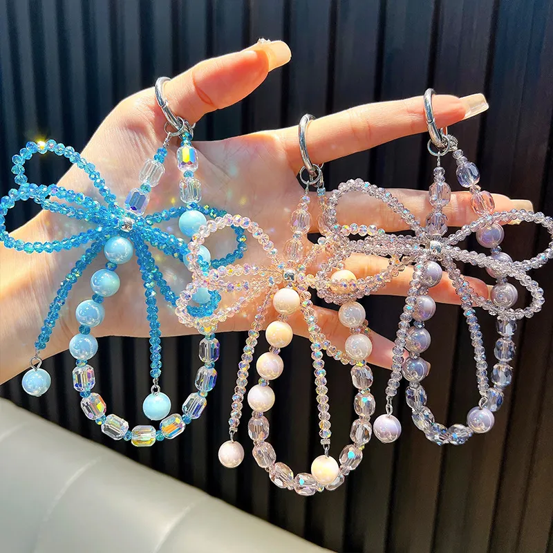 Glitzernde Acryl Perlen Handykette Schleife Kristall Perle Telefon Lanyard Handgefertigte Tasche Anhänger Schlüsselbund Zubehör