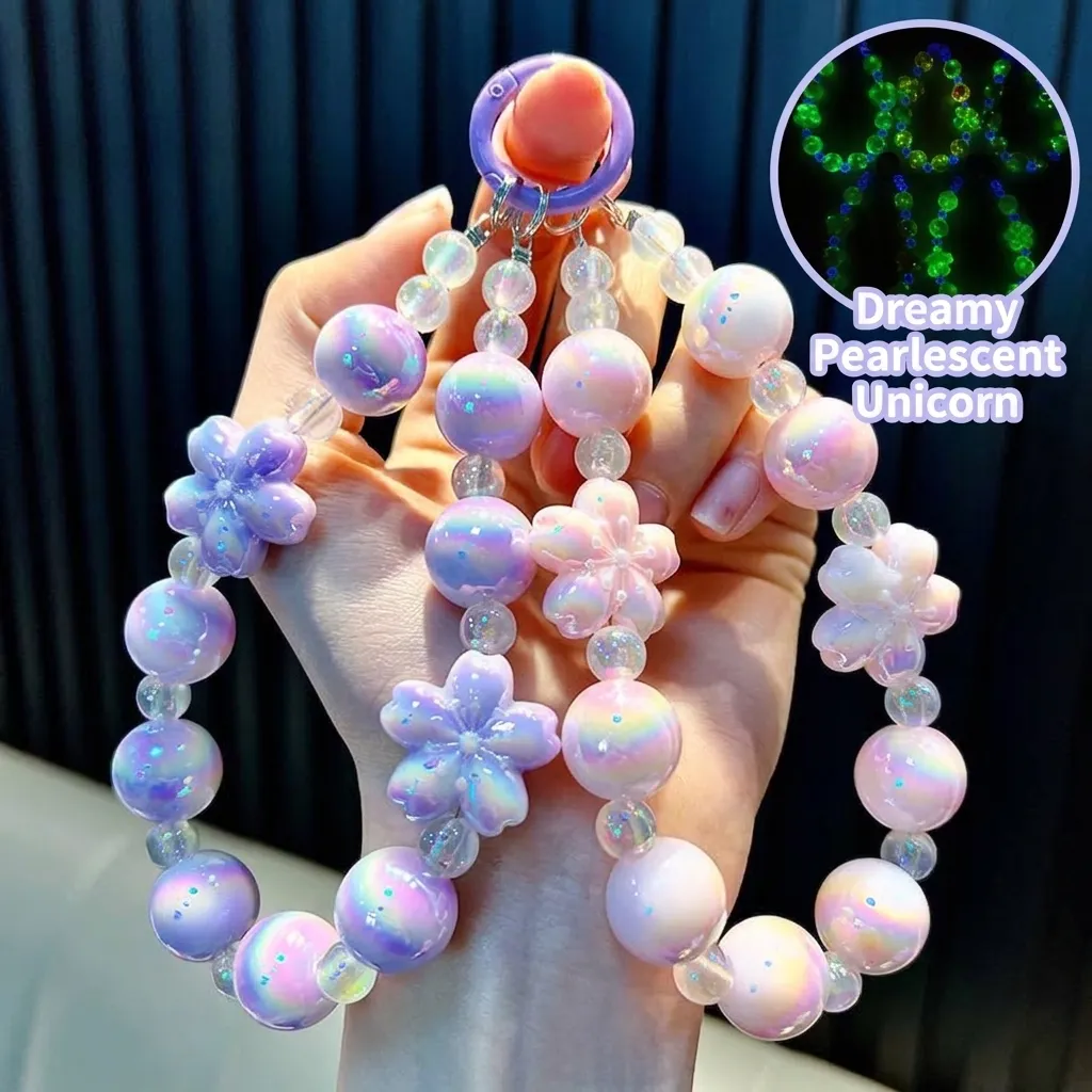 Chaîne de Téléphone en Perles de Cerisier Iridescente Phosphorescente Sakura Porte-clés Mignon Pendentif de Sac pour Femme Fille Cadeau Cordon Téléphone
