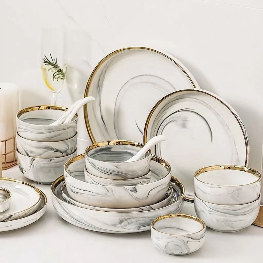 Nordic Light Luxury Goldrand Marmor Keramik Geschirr Set Porzellan Speiseteller Reis Suppenschüssel Küche Essen Geschenk