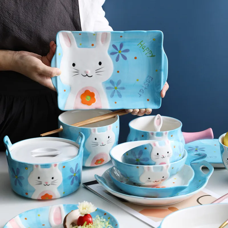 Collezione di Stoviglie in Ceramica con Coniglio Carino Stile Giapponese Tema Pasquale Animali Cartone Animato Piatti