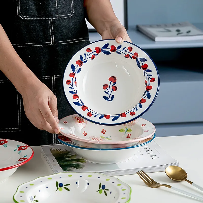 Kreative Handgemalte Unterglasur Porzellan Hut Form Tiefe Teller Kreative Runde Blumige Keramik Pasta Salat Suppe Steak Speiseteller Für Haus Küche