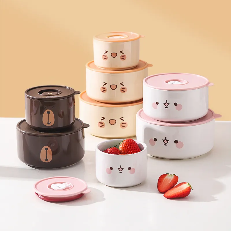 Bol de Conservation en Céramique Ours de Dessin Animé Avec Couvercle Hermétique Boîte à Bento Adaptée au Micro-ondes Conteneur à Déjeuner de Bureau Mignon