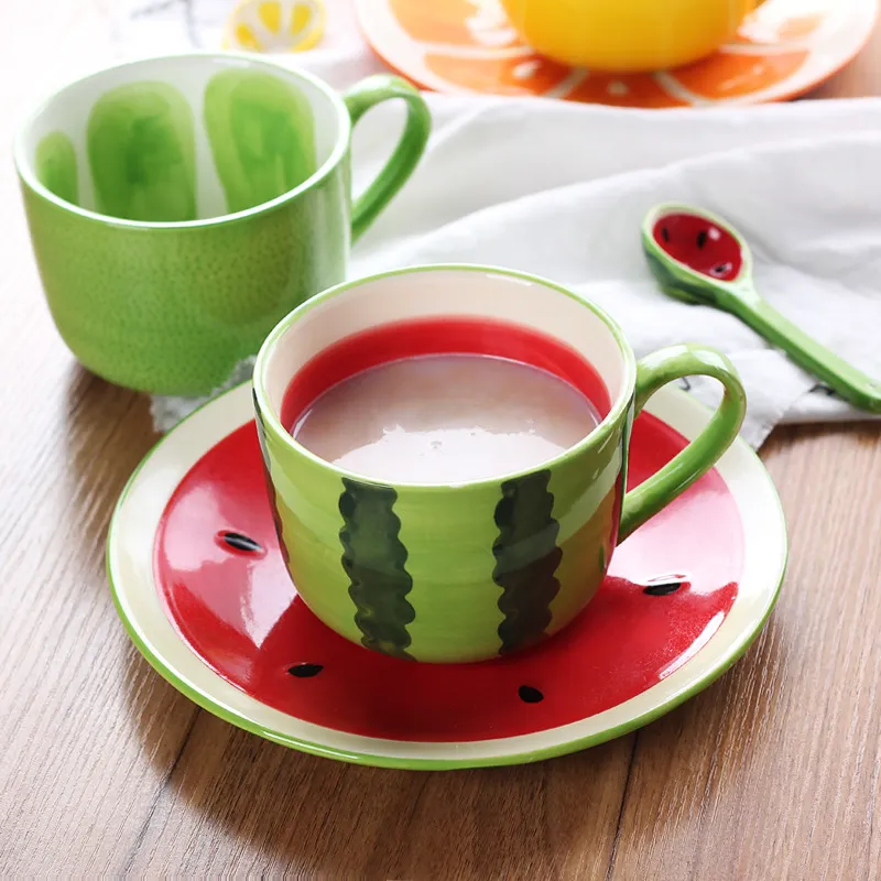 Creative Fruit Ceramic Mug Hand Painted Watermelon Pineapple Grapefruit Pattern Breakfast Coffee Milk Cup Cute Summer Home Drinkware