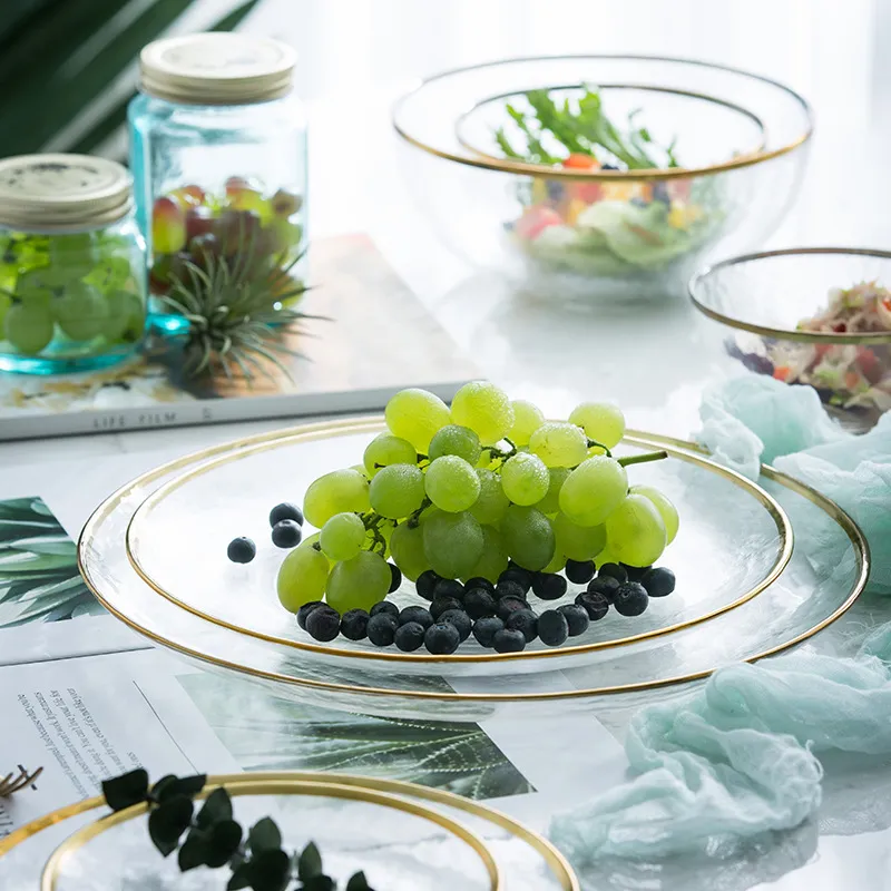 Japanese Gold Rim Transparent Glass Bowl Hammered Pattern Salad Fruit Dessert Plate Luxury Home Kitchen Dinnerware Tray