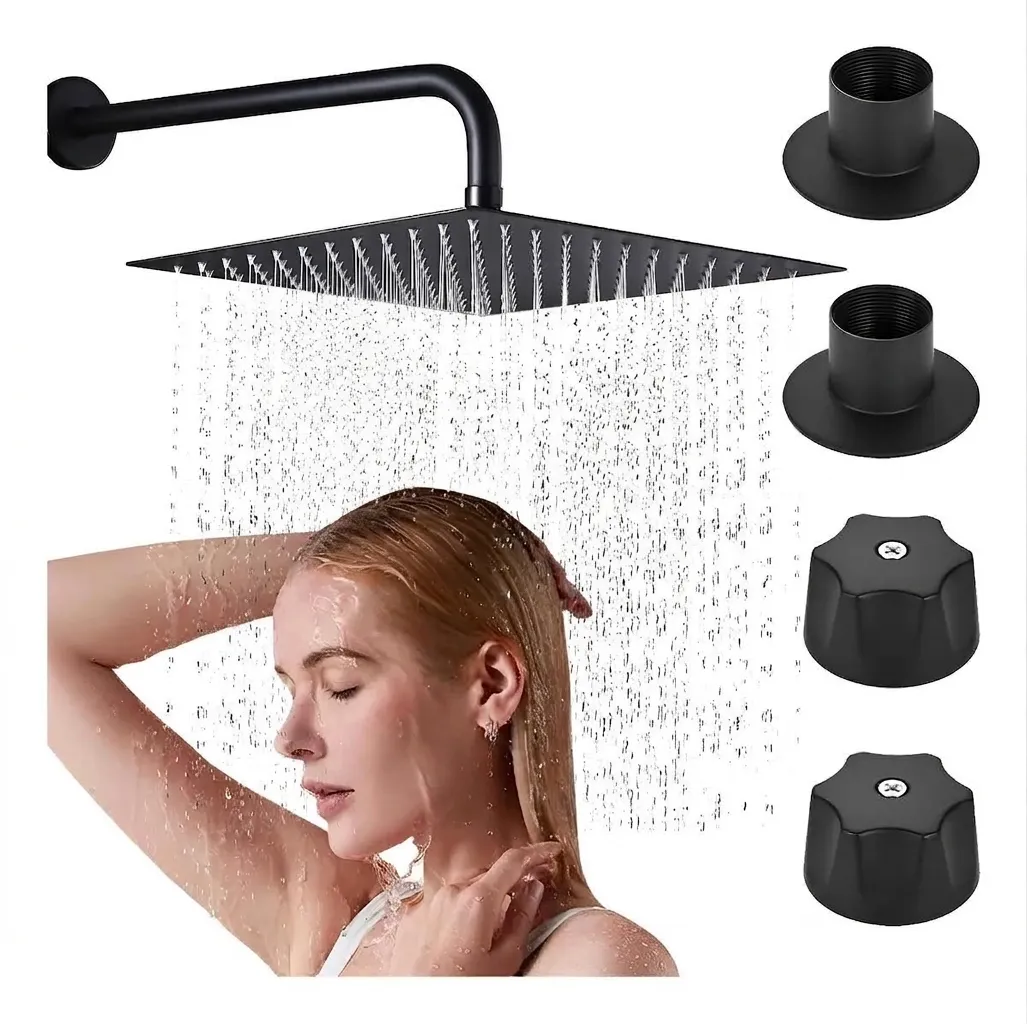 Ensemble de Douche à Effet Pluie en Acier Inoxydable Noir Mat Bras Mural Double Poignées Modernes Fixations de Douche