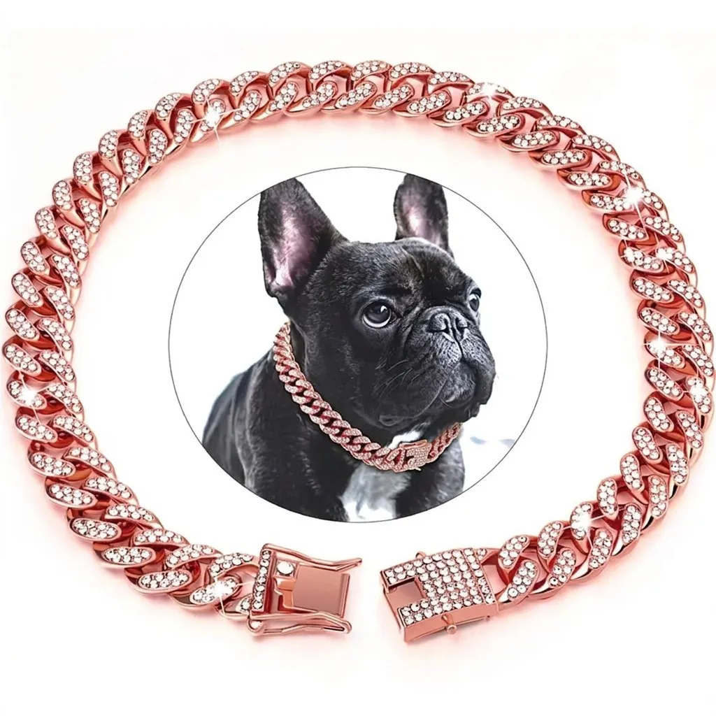 Hip Hop Iced Out Cuban Link Haustierhalsband Zinklegierung Strass Hund Katze Halskette Gold Silber Roségold Schmuck