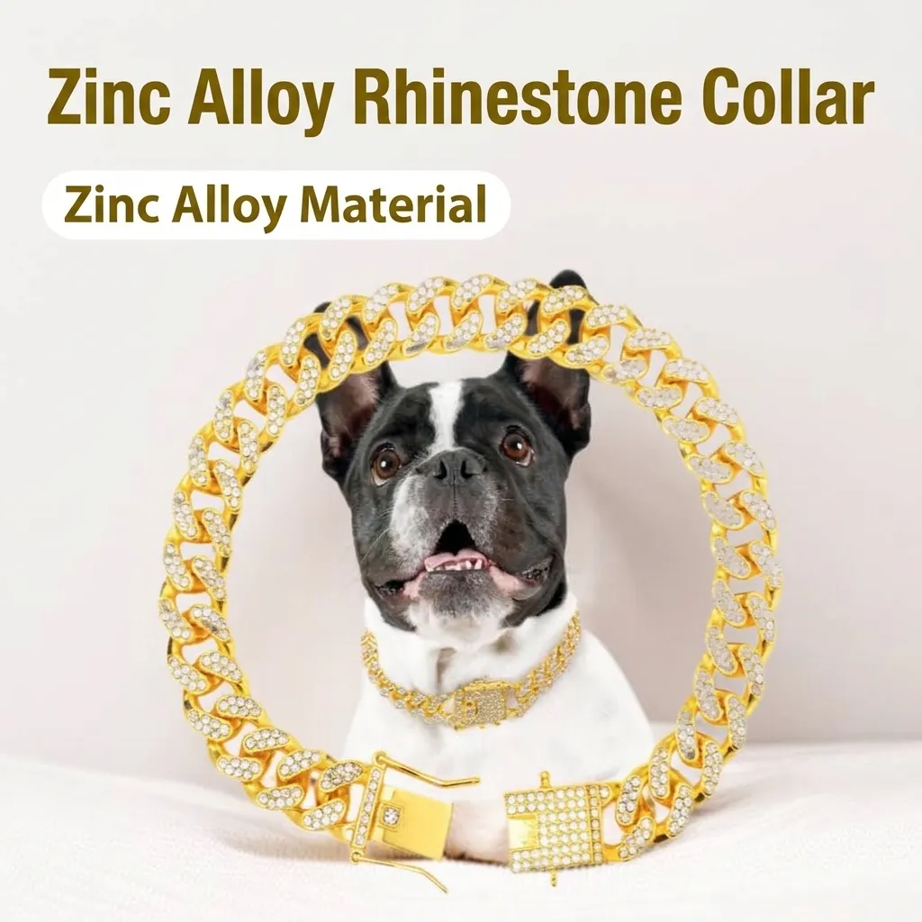 12mm Zinklegierung Panzerkette Haustierhalsband Mit Strass Gold Luxus Iced Out Metallkette Für Große Mittlere Hunde Katzen