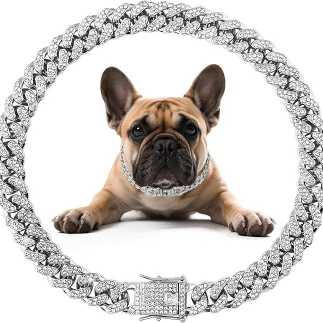 Luxus Iced Out Panzerkette Haustier Halsband Titanstahl Strass Kette Halskette Für Kleine Mittlere Große Hunde Katzen Schmuck Zubehör