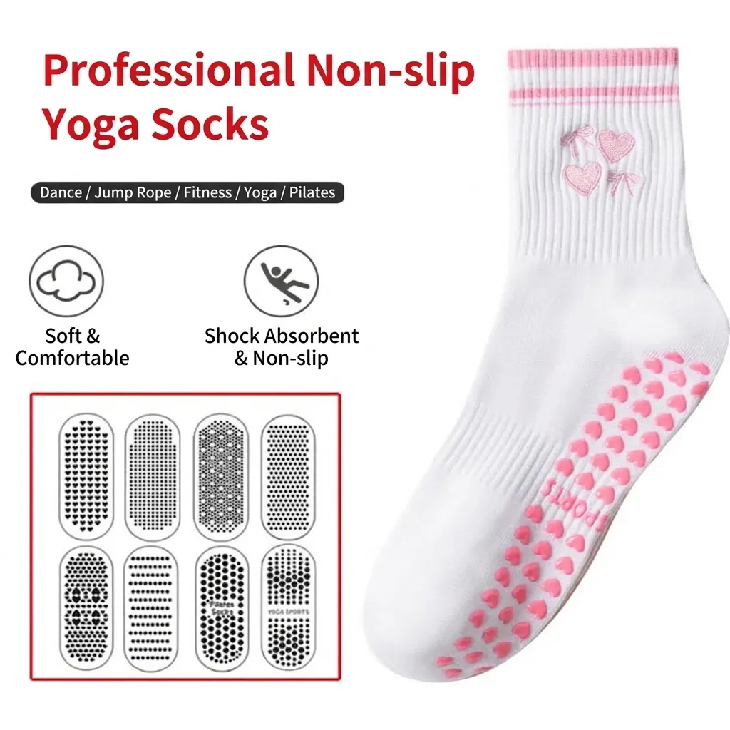 Calze da Yoga Antiscivolo da Donna in Cotone Pettinato al Polpaccio Calze Sportive Professionali Con Grip in Silicone Ricamo Cuore Fiocco Pilates Palestra