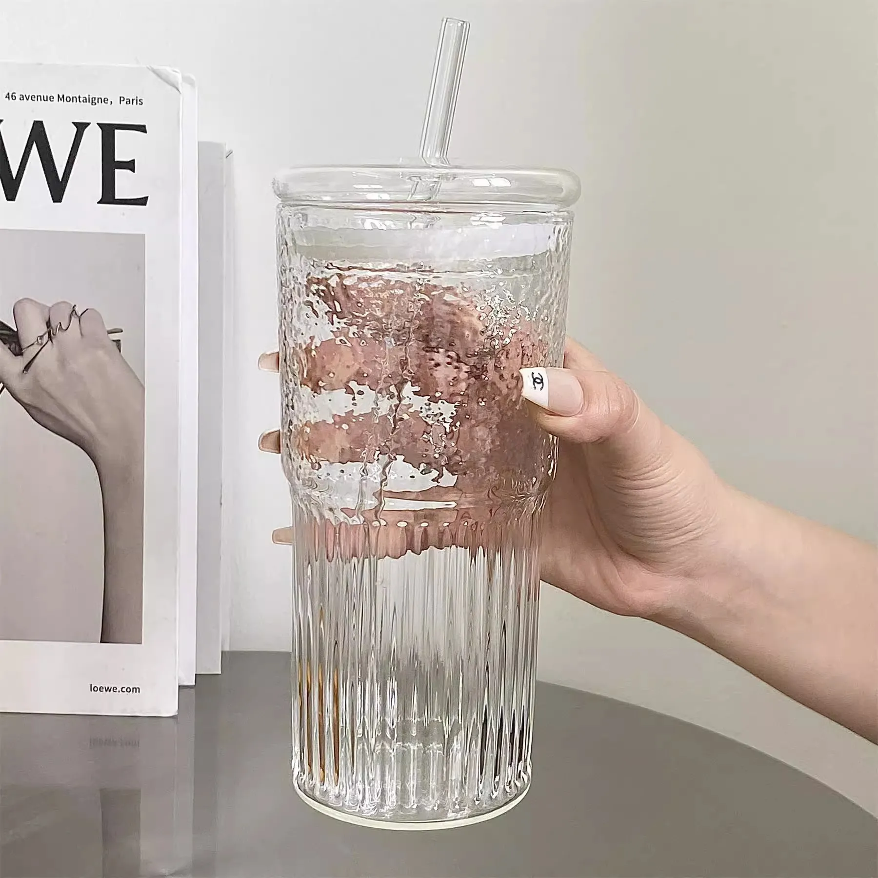 Große Kapazität Hochborosilikatglas Stroh Kaffeetasse Hitzebeständiges Trinkwasserglas Mit Deckel Gestreifte Textur Büro Zuhause