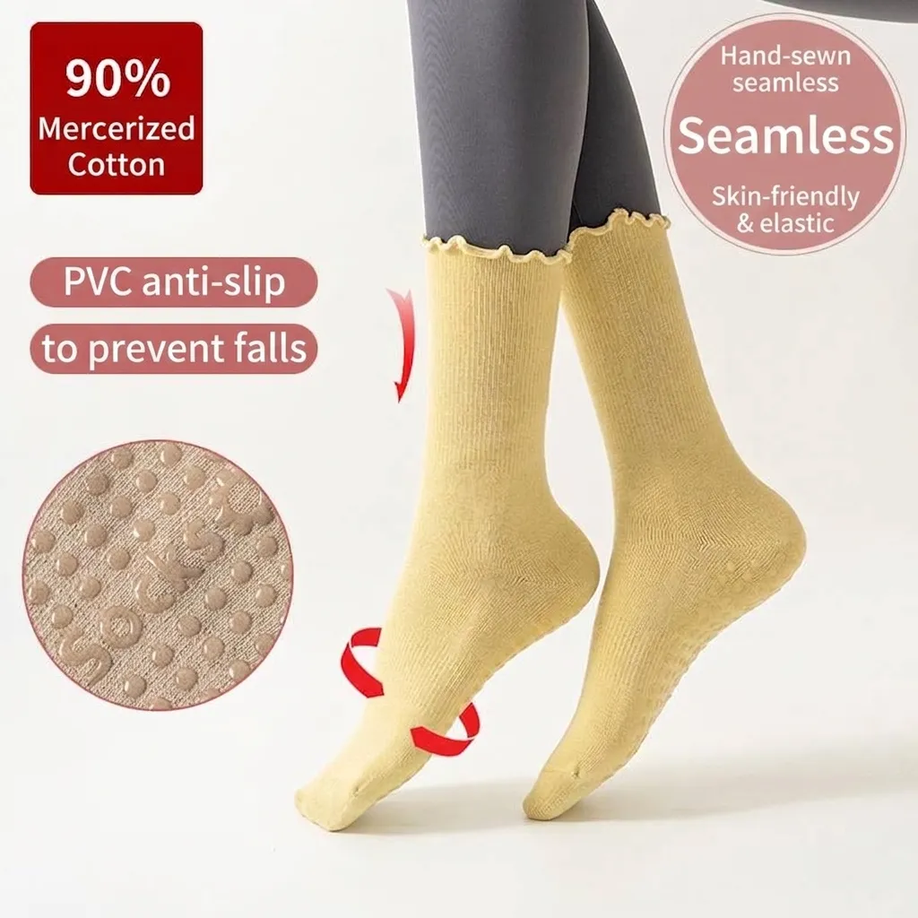 Damen Anti-Rutsch Yoga Socken 90% Baumwolle Mittelhoch Sportsocken Mit Spitzenbesatz PVC Noppen Für Pilates Fitness Indoor
