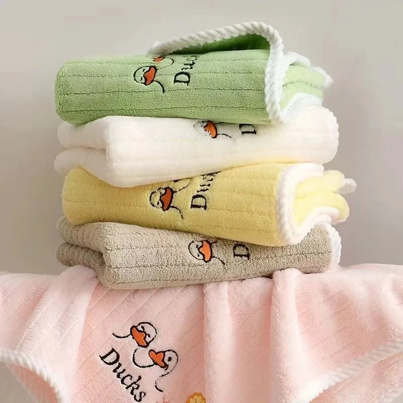 Cute Cartoon Duck Embroidered Coral Fleece Kids Hand Towel Soft Absorbent Hanging Face Towel For Children Home Bathroom